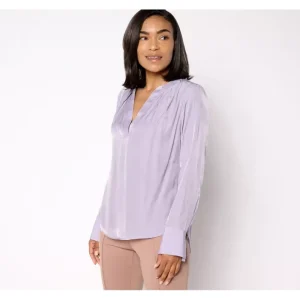 Fashion<BEAUTIFUL by Lawrence Zarian Pleated Split V-Neck Blouse - a world of fashionable women's clothing, including a wide selection of dresses and trendy accessories.