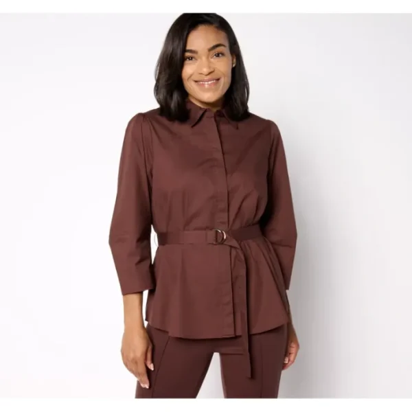 Shop All<BEAUTIFUL by Lawrence Zarian Poplin Belted 3/4 Sleeve Top - a world of fashionable women's clothing, including a wide selection of dresses and trendy accessories.