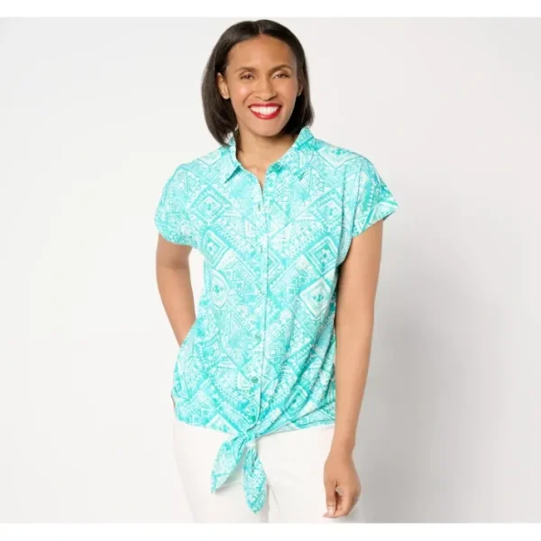 Shop All<Belle Beach by Kim Gravel Cabana Knit Tahiti Tile Camp Shirt - a world of fashionable women's clothing, including a wide selection of dresses and trendy accessories.