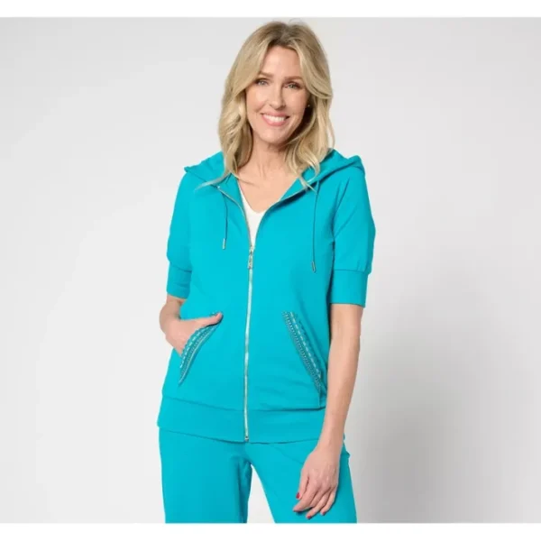 Shop All<Belle Beach by Kim Gravel French Terry Short Sleeve Zip Hoodie - a world of fashionable women's clothing, including a wide selection of dresses and trendy accessories.
