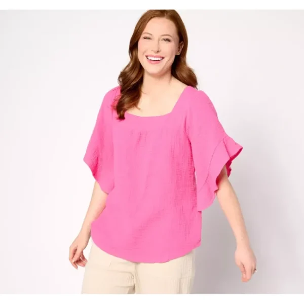 Shop All<Belle Beach by Kim Gravel Gauze Square Neck Ruffle Top - a world of fashionable women's clothing, including a wide selection of dresses and trendy accessories.