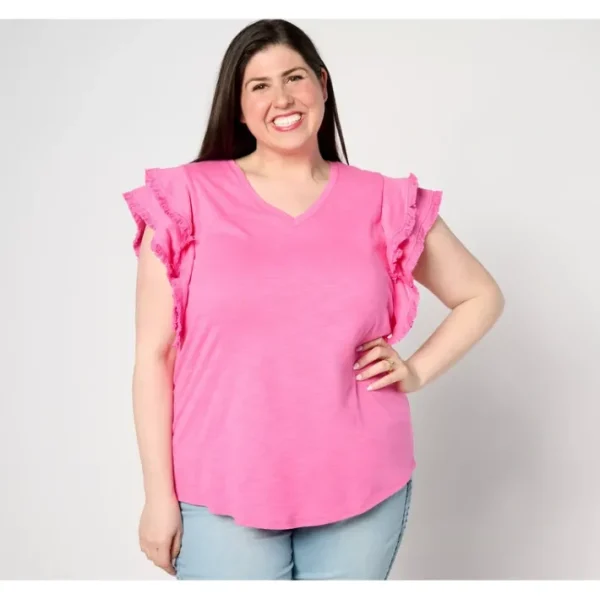 Shop All<Belle Beach by Kim Gravel Slub Knit Ruffle Sleeve Top - a world of fashionable women's clothing, including a wide selection of dresses and trendy accessories.