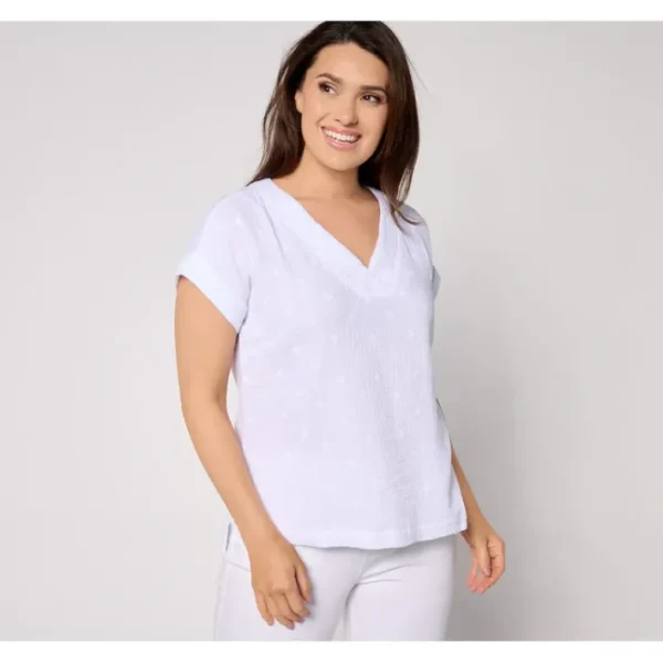 Shop All<Belle Beach by Kim Gravel Star Spangled Cotton Gauze V-Neck Top - a world of fashionable women's clothing, including a wide selection of dresses and trendy accessories.