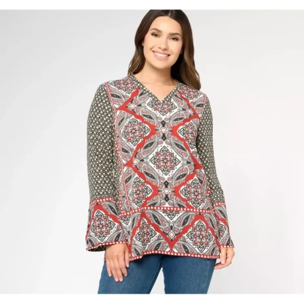 Shop All<Belle Boho by Kim Gravel Border Print V Neck Tunic - a world of fashionable women's clothing, including a wide selection of dresses and trendy accessories.