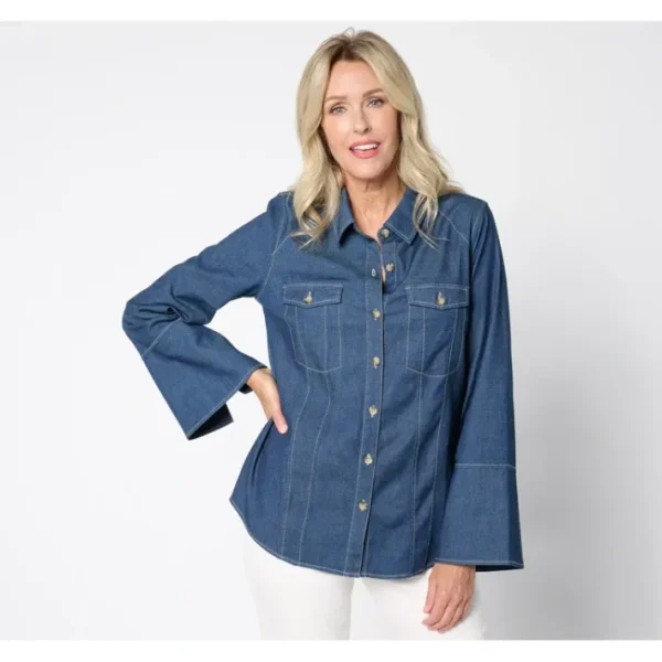 Shop All<Belle Boho by Kim Gravel Bracelet Belle Sleeve Stretch Denim Shirt - a world of fashionable women's clothing, including a wide selection of dresses and trendy accessories.