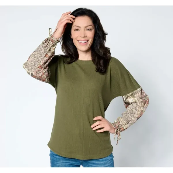 Shop All<Belle Boho by Kim Gravel Waffle Patchwork Sleeve Top - a world of fashionable women's clothing, including a wide selection of dresses and trendy accessories.