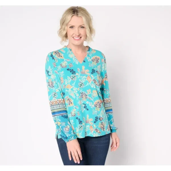 Shop All<Belle Boho by Kim Gravel World Traveler Split Neck Knit Top - a world of fashionable women's clothing, including a wide selection of dresses and trendy accessories.