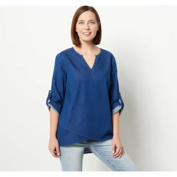 Shop All<Belle by Kim Gravel Asymmetric Hem Denim Shirt - a world of fashionable women's clothing, including a wide selection of dresses and trendy accessories.