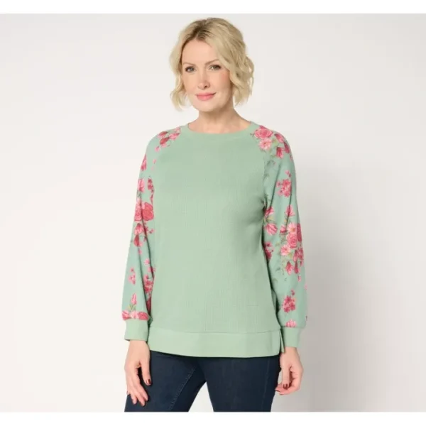 Shop All<Belle by Kim Gravel Baby Waffle Indigo Floral Sweatshirt - a world of fashionable women's clothing, including a wide selection of dresses and trendy accessories.