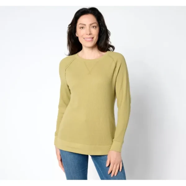 Shop All<Belle by Kim Gravel Baby Waffle Sweatshirt with Raw Edges - a world of fashionable women's clothing, including a wide selection of dresses and trendy accessories.