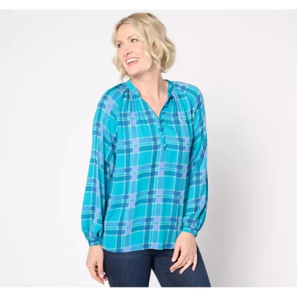 Shop All<Belle by Kim Gravel Blurred Plaid Henley Blouse - a world of fashionable women's clothing, including a wide selection of dresses and trendy accessories.