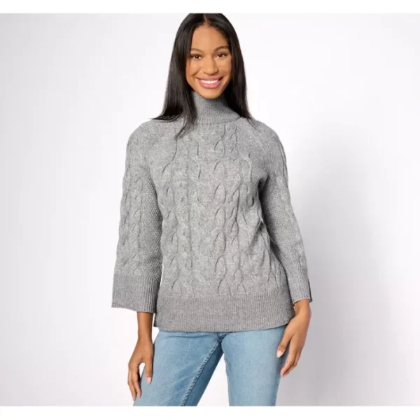 Shop All<Belle by Kim Gravel Bracelet Sleeve Mock Neck Cable Sweater - a world of fashionable women's clothing, including a wide selection of dresses and trendy accessories.