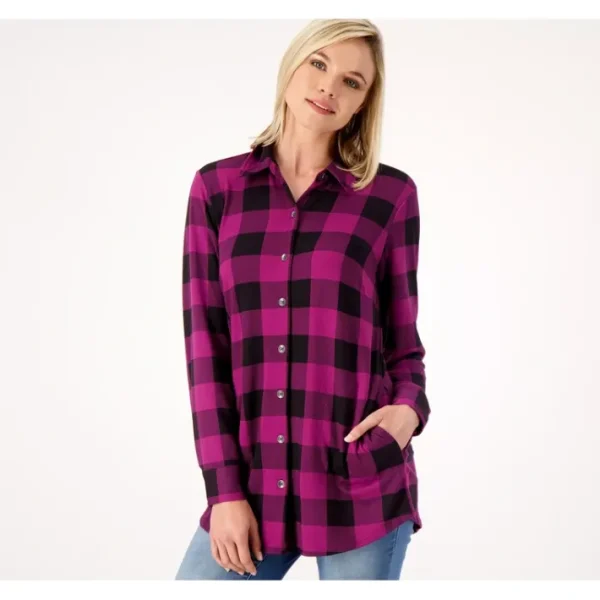 Shop All<Belle by Kim Gravel Buffalo Check Brushed Knit Shirt Jacket - a world of fashionable women's clothing, including a wide selection of dresses and trendy accessories.