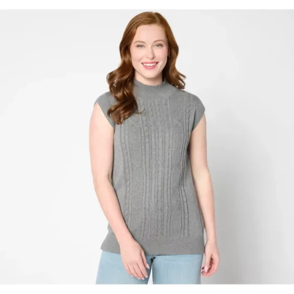 Shop All<Belle by Kim Gravel Cabled Sleeveless Mock Neck Sweater - a world of fashionable women's clothing, including a wide selection of dresses and trendy accessories.