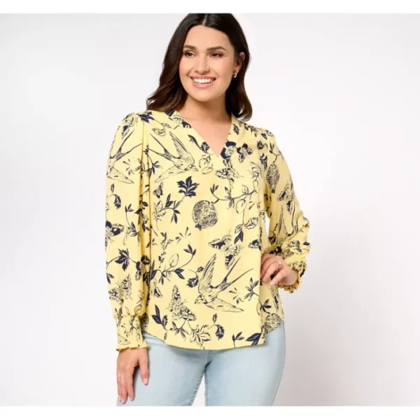 Shop All<Belle by Kim Gravel Chinoiserie Print Woven Blouse - a world of fashionable women's clothing, including a wide selection of dresses and trendy accessories.