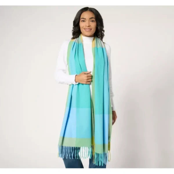 Shop All<Belle by Kim Gravel Color Block Check Scarf with Fringe - a world of fashionable women's clothing, including a wide selection of dresses and trendy accessories.