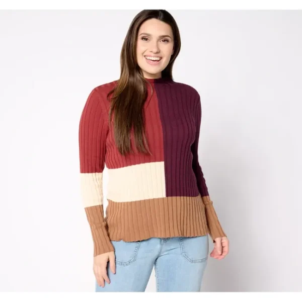 Shop All<Belle by Kim Gravel Colorblock Rib Mock Neck Sweater - a world of fashionable women's clothing, including a wide selection of dresses and trendy accessories.