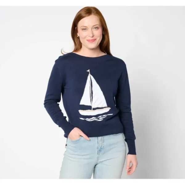 Belle by Kim Gravel Come Sail Away Sailboat Sweater - a world of fashionable women's clothing, including a wide selection of dresses and trendy accessories.> Dresses