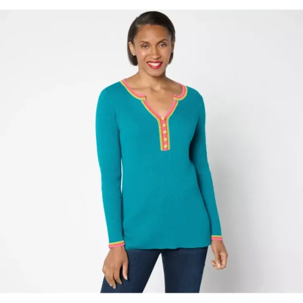 Shop All<Belle by Kim Gravel Crochet Trim Ribbed Henley Sweater - a world of fashionable women's clothing, including a wide selection of dresses and trendy accessories.