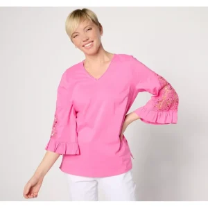 Belle by Kim Gravel Cut to the Lace Ruffle Sleeve Woven Top - a world of fashionable women's clothing, including a wide selection of dresses and trendy accessories.> Hat