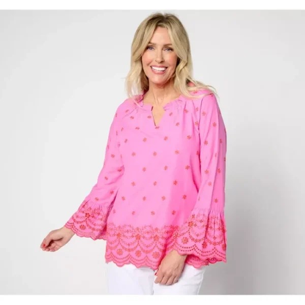 Shop All<Belle by Kim Gravel Daisy Pop Embroidered Blouse - a world of fashionable women's clothing, including a wide selection of dresses and trendy accessories.