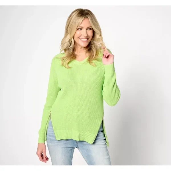 Shop All<Belle by Kim Gravel Diagonal Signature Zip Shaker Knit Sweater - a world of fashionable women's clothing, including a wide selection of dresses and trendy accessories.