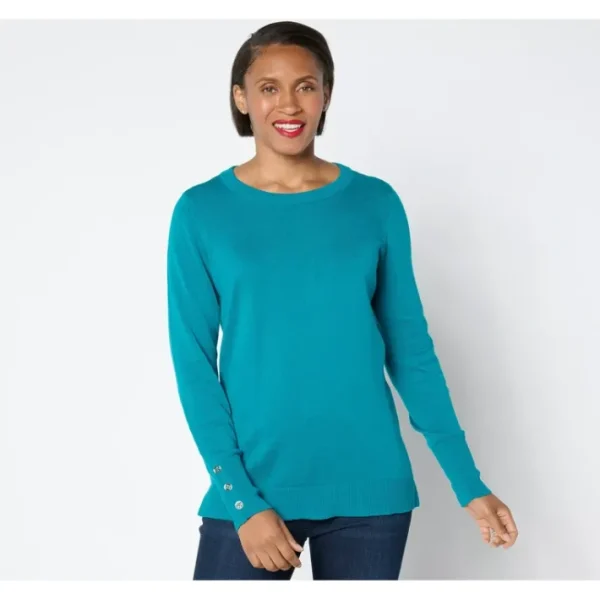 Shop All<Belle by Kim Gravel Enamel Button Crewneck Sweater - a world of fashionable women's clothing, including a wide selection of dresses and trendy accessories.
