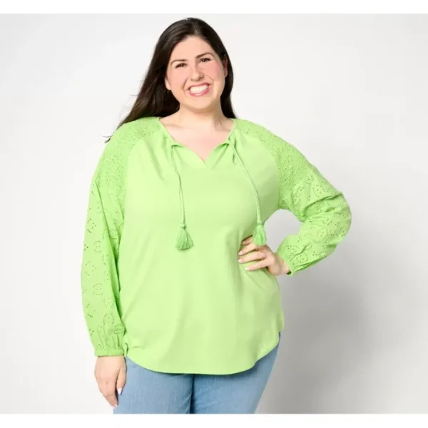 Shop All<Belle by Kim Gravel Eyelet Everything Mixed Media Top - a world of fashionable women's clothing, including a wide selection of dresses and trendy accessories.