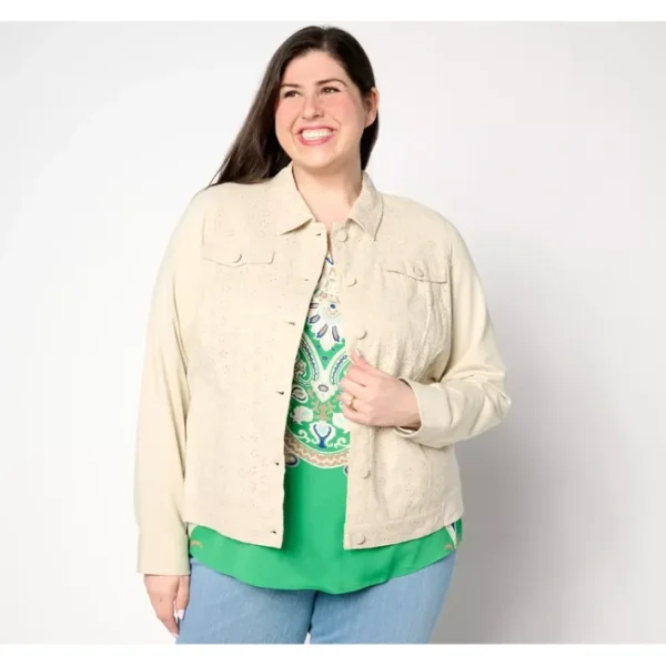 Shop All<Belle by Kim Gravel Eyelet Jacket with Knit Back and Sleeves - a world of fashionable women's clothing, including a wide selection of dresses and trendy accessories.