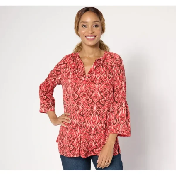 Shop All<Belle by Kim Gravel Falling for Filigree Button-Front Blouse - a world of fashionable women's clothing, including a wide selection of dresses and trendy accessories.