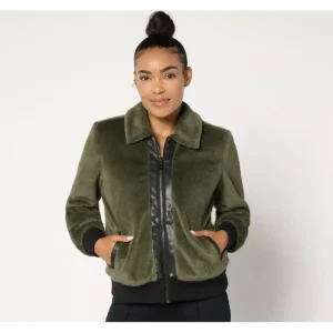 Belle by Kim Gravel Faux Fur Zip Bomber w/ Faux Leather Trim - a world of fashionable women's clothing, including a wide selection of dresses and trendy accessories.> Coats