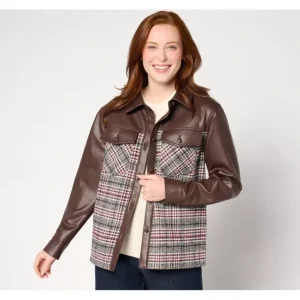 Belle by Kim Gravel Faux Leather and Boucle Tweed Shacket - a world of fashionable women's clothing, including a wide selection of dresses and trendy accessories.> Coats