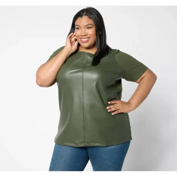 Shop All<Belle by Kim Gravel Faux Leather Knit Back Top - a world of fashionable women's clothing, including a wide selection of dresses and trendy accessories.