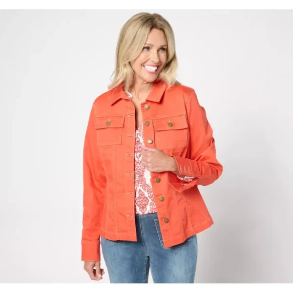 Shop All<Belle by Kim Gravel Fit Flare Stretch Denim Jacket - a world of fashionable women's clothing, including a wide selection of dresses and trendy accessories.