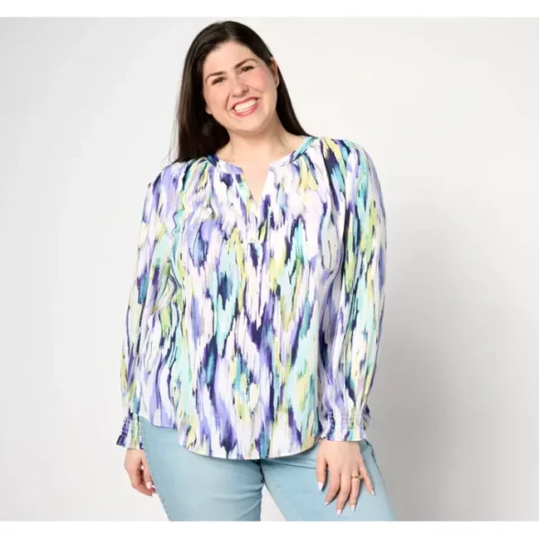 Shop All<Belle by Kim Gravel Flame Game Split Neck Blouse - a world of fashionable women's clothing, including a wide selection of dresses and trendy accessories.