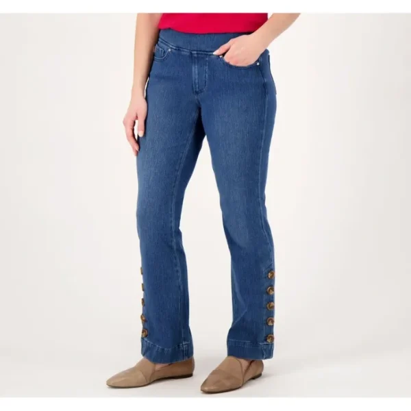 Shop All<Belle by Kim Gravel Flexibelle Flare Jean with Horn Buttons - a world of fashionable women's clothing, including a wide selection of dresses and trendy accessories.