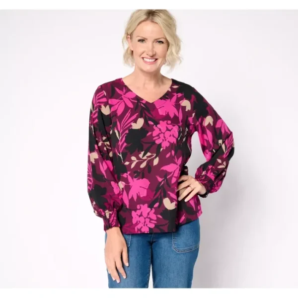 Shop All<Belle by Kim Gravel Floral Fire Smocked Cuff Blouse - a world of fashionable women's clothing, including a wide selection of dresses and trendy accessories.