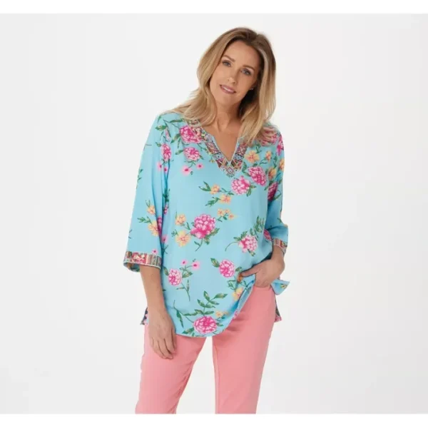 Shop All<Belle by Kim Gravel Floral Print Blouse with Embroidery - a world of fashionable women's clothing, including a wide selection of dresses and trendy accessories.