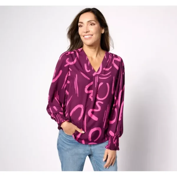 Shop All<Belle by Kim Gravel Font-tastic Blouse with Smocked Cuffs - a world of fashionable women's clothing, including a wide selection of dresses and trendy accessories.