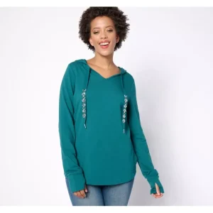 Belle by Kim Gravel French Terry Hoodie with Jeweled Ties - a world of fashionable women's clothing, including a wide selection of dresses and trendy accessories.> Hat