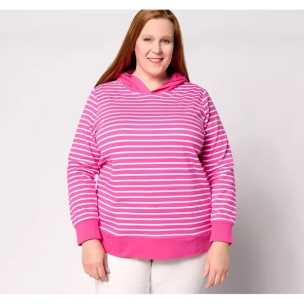 Shop All<Belle by Kim Gravel French Terry Striped Hoodie Contrast Trim - a world of fashionable women's clothing, including a wide selection of dresses and trendy accessories.