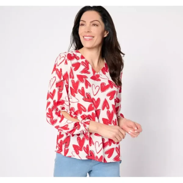 Shop All<Belle by Kim Gravel Hearts on Fire Woven Blouse - a world of fashionable women's clothing, including a wide selection of dresses and trendy accessories.