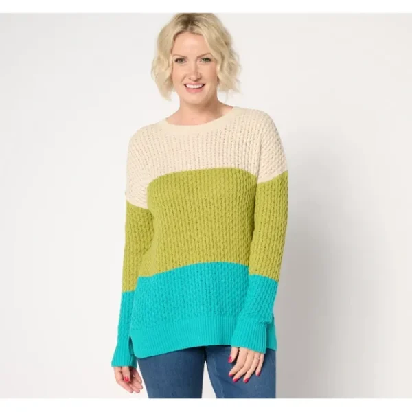 Shop All<Belle by Kim Gravel Honeycomb Stitch Color Block Sweater - a world of fashionable women's clothing, including a wide selection of dresses and trendy accessories.
