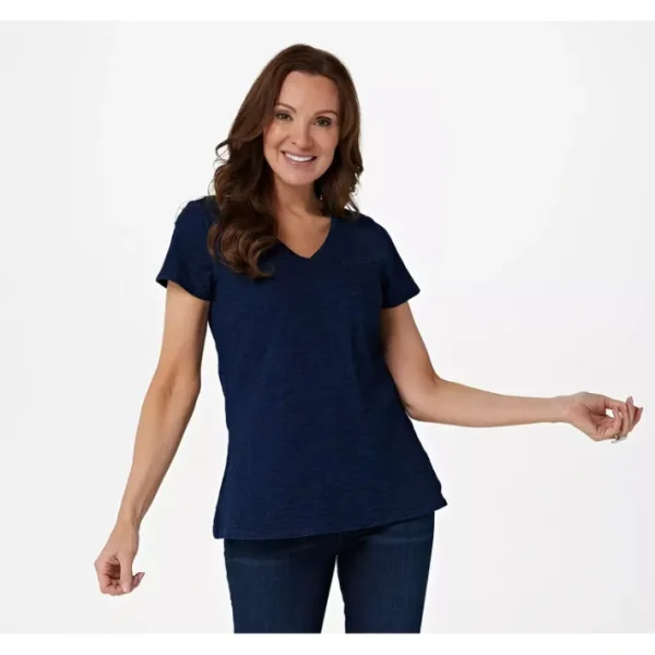 Shop All<Belle by Kim Gravel Indigo Slub Short Sleeve Pocket T-Shirt - a world of fashionable women's clothing, including a wide selection of dresses and trendy accessories.