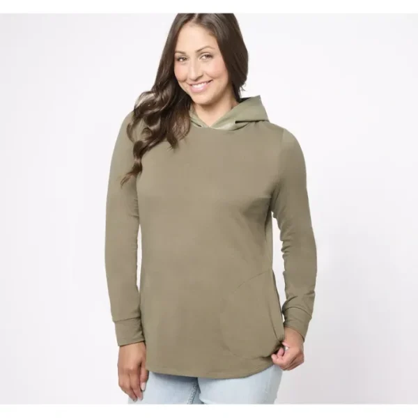 Shop All<Belle by Kim Gravel Knit Top with Faux Leather Hood - a world of fashionable women's clothing, including a wide selection of dresses and trendy accessories.