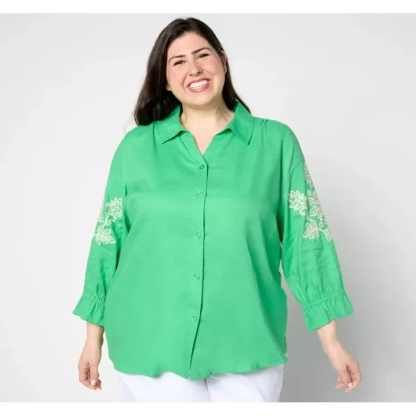 Shop All<Belle by Kim Gravel Linen Rayon Embroidered Sleeve Blouse - a world of fashionable women's clothing, including a wide selection of dresses and trendy accessories.