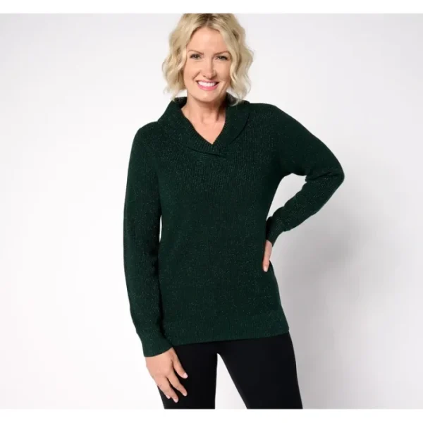 Shop All<Belle by Kim Gravel Lurex Shaker Knit Shawl Collar Sweater - a world of fashionable women's clothing, including a wide selection of dresses and trendy accessories.