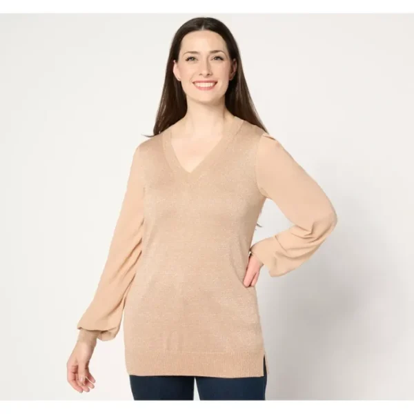 Shop All<Belle by Kim Gravel Lurex V Neck Sweater with Chiffon Sleeves - a world of fashionable women's clothing, including a wide selection of dresses and trendy accessories.