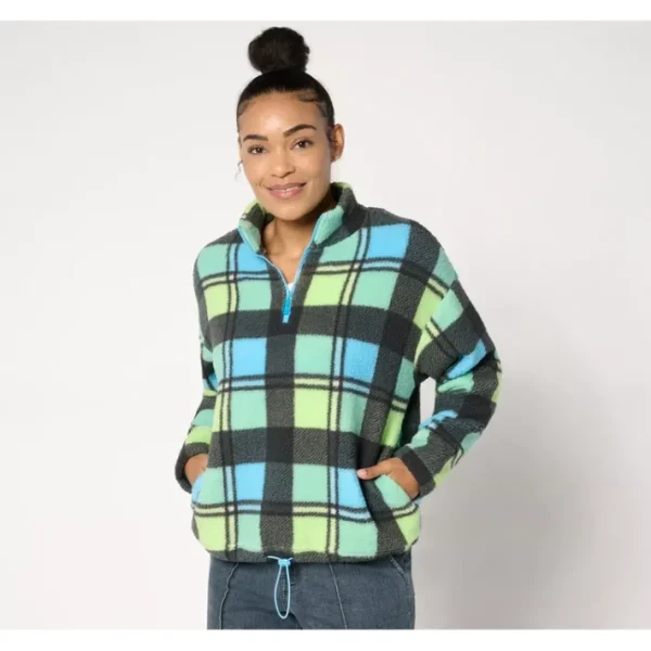 Shop All<Belle by Kim Gravel Mad for Plaid Sherpa Half Zip w/ Bungee Tie - a world of fashionable women's clothing, including a wide selection of dresses and trendy accessories.