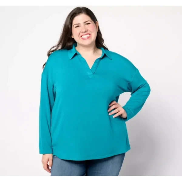 Shop All<Belle by Kim Gravel MegaModal Polo with Raw Edges - a world of fashionable women's clothing, including a wide selection of dresses and trendy accessories.